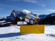 Powerful artificial snow production on the Alpe di Siusi (Seiser Alm)