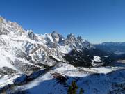View from the Rolle Pass of the Pala group and San Martino di Castrozza
