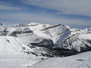 Mighty craggy mountains rise up behind the ski resort of Lake Louise