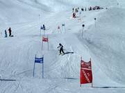 Children's race of the ski school in the high-altitude ski area