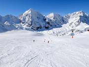 The Sulden ski area with (from left) Königspitze 3859 m, Zebru 3740 m, and Ortler 3905 m