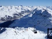 View from the Corvatsch mountain station all the way to St. Moritz
