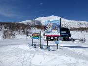 Slope signage with trail map in the Niseko ski resort
