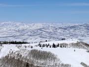 View over the ski resort of Park City including the mountain station of the Crescent chairlift