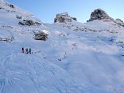 Ski group skiing in deep powder snow