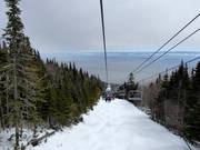 Chairlift with a view of the Saint Lawrence River in the Le Massif ski area