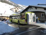 Public bus at the valley station of the Sareis chairlift