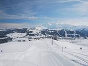 View from Mont Bisanne over Les Saisies towards Légette and Card du Beurre – with Mont Blanc in the background
