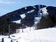 View from the valley to the summit of the Mont Orford ski area