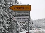 Road signs towards Greising and the ski lift