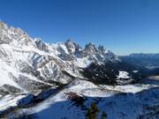 View from the Rolle Pass of the Pale Group and San Martino di Castrozza