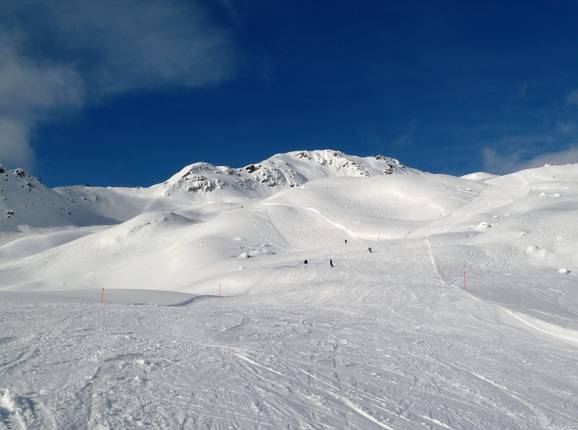 Wide slopes on treeless hillsides dominate the Madrisa ski area