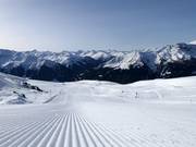 Perfectly groomed slope in the Madrisa ski area