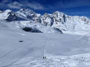 Morteratsch glacier run with Piz Bernina (4049 m) and Piz Morteratsch (3751 m)