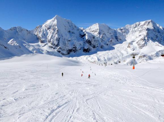 The Sulden ski resort with the Königspitze 3859 m, Zebru 3740 m, and the Ortler 3905 m (from the left)